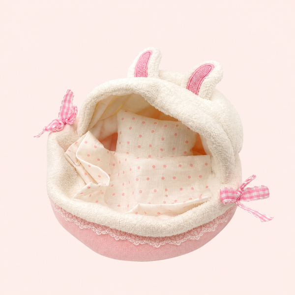 Bunny Plushie Bed Display Set with Blanket & Cushion – 10cm Plush Doll Bed