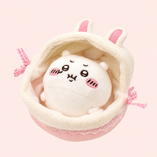 Bunny Plushie Bed Display Set with Blanket & Cushion – 10cm Plush Doll Bed