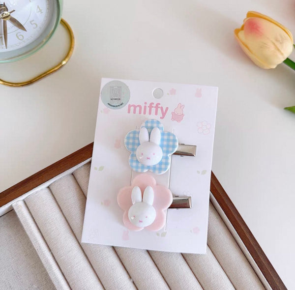 Miffy Pastel Gingham Flower Hair Clips – 2-Piece Set