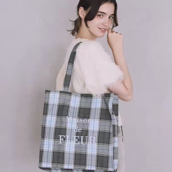 Maison de FLEUR Embroidered Checkered Square Tote Bag