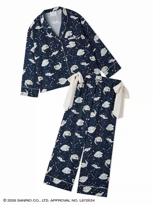 Snidel Home Cinnamoroll Satin Open-Collar Shirt & Long Pants Set