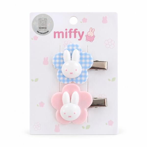 Miffy Pastel Gingham Flower Hair Clips – 2-Piece Set