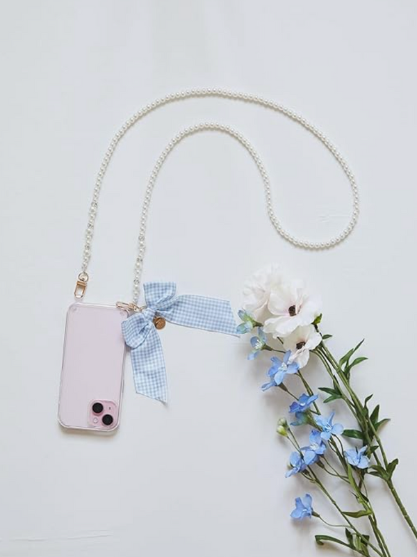 Maison De Fleur Pearl Gingham Ribbon Phone Strap